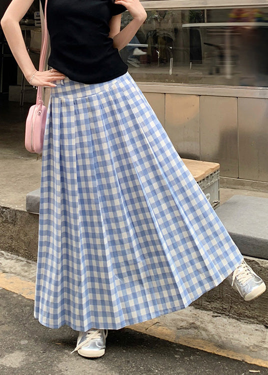 French Blue White Plaid High Waist Wrinkled Maxi Skirts Summer