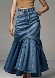 French Blue Wrinkled High Waist Denim Fishtail Skirt Summer