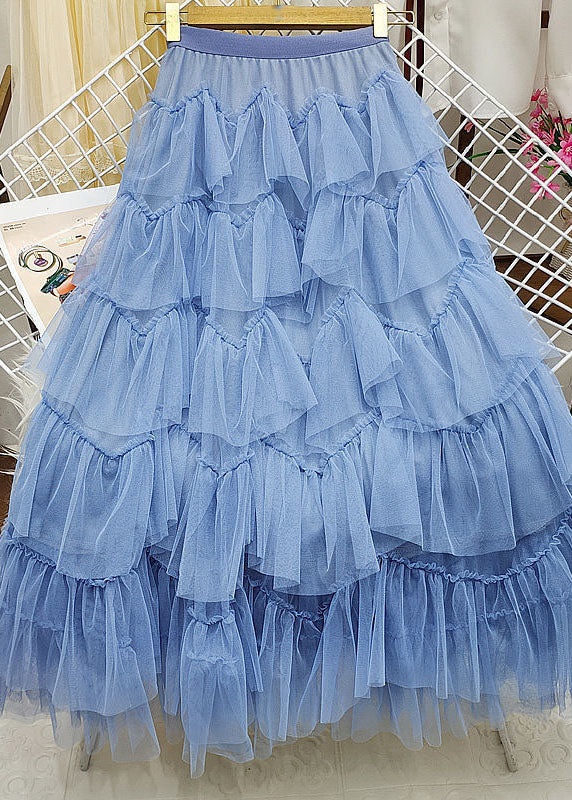 French Blue Wrinkled Patchwork Tulle Holiday Skirt Summer