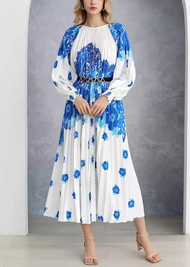 French Blue Wrinkled Print Cotton Long Dress Fall