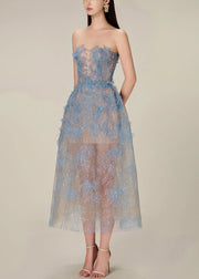 French Blue Zippered Lace Sequins Tulle Long Dress Sleeveless