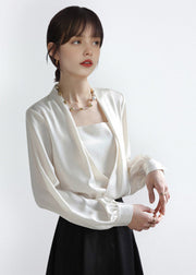 French Boutique White Satin Shirt Tops Fall