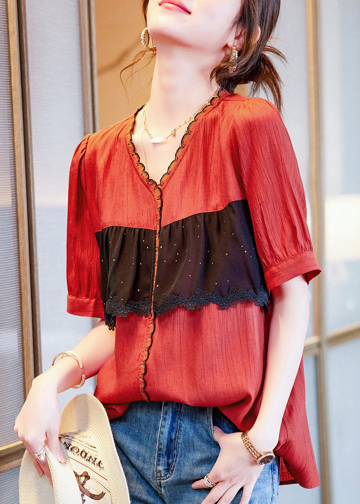 French Brick Red V Neck Patchwork Nail Bead Shirt Short Sleeve