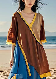 French Brown Asymmetrical Chiffon Patchwork Dress Half Sleeve