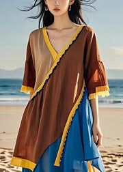 French Brown Asymmetrical Chiffon Patchwork Dress Half Sleeve