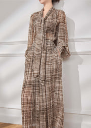 French Brown Bow Plaid Chiffon Two Piece Suit Set Fall