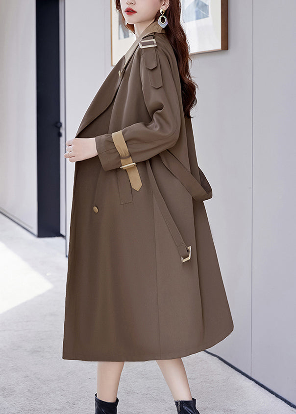 French Brown Button Tie Waist Cotton Long Trench Coat Fall