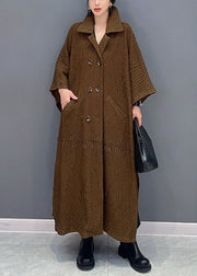 French Brown Double Breast Pockets Cotton Long Trench Coat Batwing Sleeve