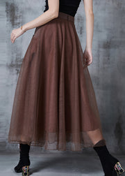 French Brown High Waist Patchwork Tulle Holiday Skirts Fall