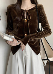 French Brown Lace Up Front Open Silk Velour Shirts Winter