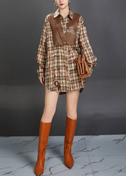 French Brown Plaid Print False Two Pieces Cotton Shirt Fall