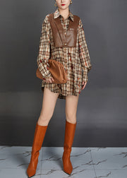 French Brown Plaid Print False Two Pieces Cotton Shirt Fall