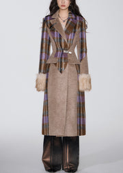 French Brown Pockets Patchwork Woolen Long Coat Winter