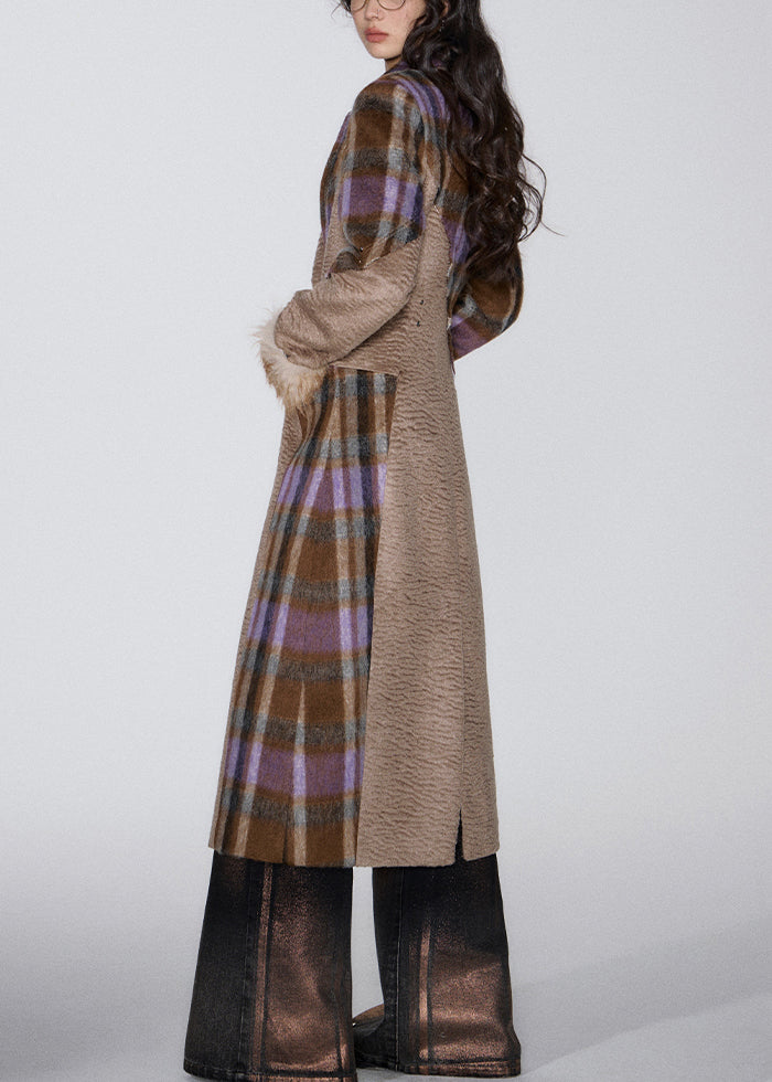 French Brown Pockets Patchwork Woolen Long Coat Winter