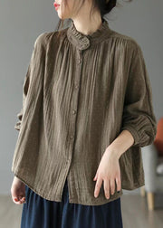 French Brown Ruffled Button Print Cotton Shirt Long Sleeve