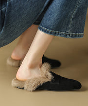 French Brown Slide Sandals Suede Fuzzy Wool Lined