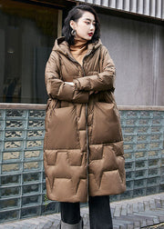 French Brown Solid Hooded Zippered Duck Down Puffers Coats Winter