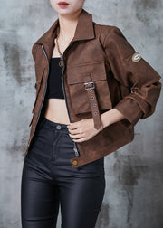 French Brown Tie Dye Pockets Faux Leather Jackets Fall