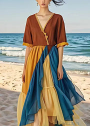 French Brown V Neck Chiffon Patchwork Long Dress Half Sleeve