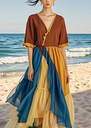 French Brown V Neck Chiffon Patchwork Long Dress Half Sleeve