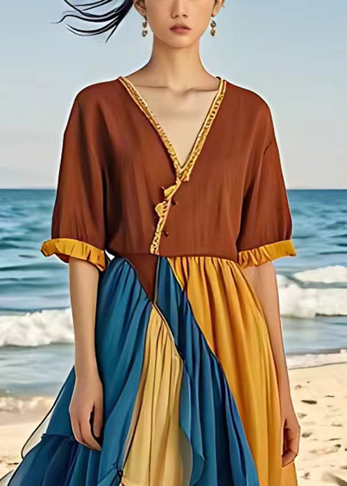 French Brown V Neck Chiffon Patchwork Long Dress Half Sleeve