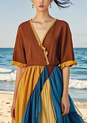 French Brown V Neck Chiffon Patchwork Long Dress Half Sleeve