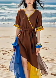 French Brown V Neck Tie Waist Chiffon Patchwork Dress Summer