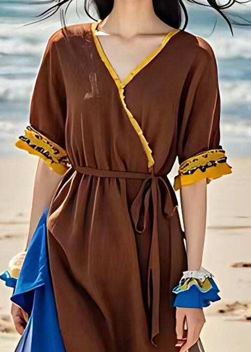 French Brown V Neck Tie Waist Chiffon Patchwork Dress Summer