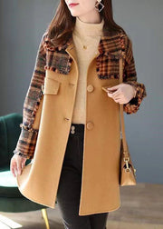 French Camel Plaid Button Patchwork Woolen Coat Winter