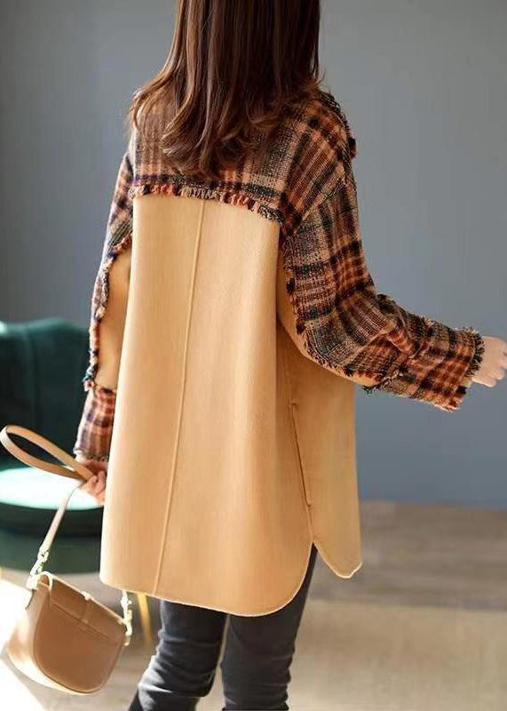 French Camel Plaid Button Patchwork Woolen Coat Winter