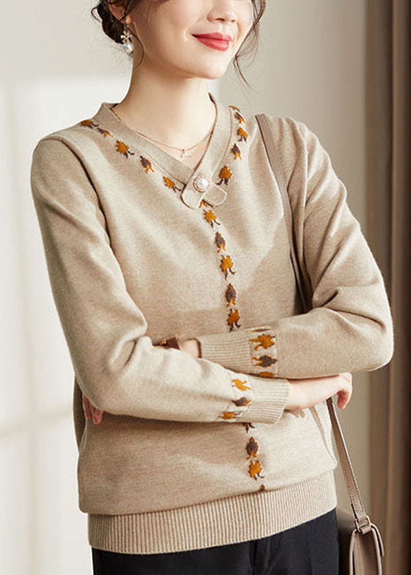 French Camel V Neck Embroideried Thick Knit Sweater Tops Long Sleeve