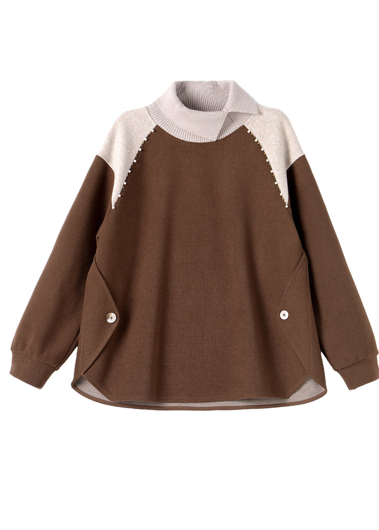 French Chocolate Nail Bead Patchwork Cotton Sweatshirts Top Spring