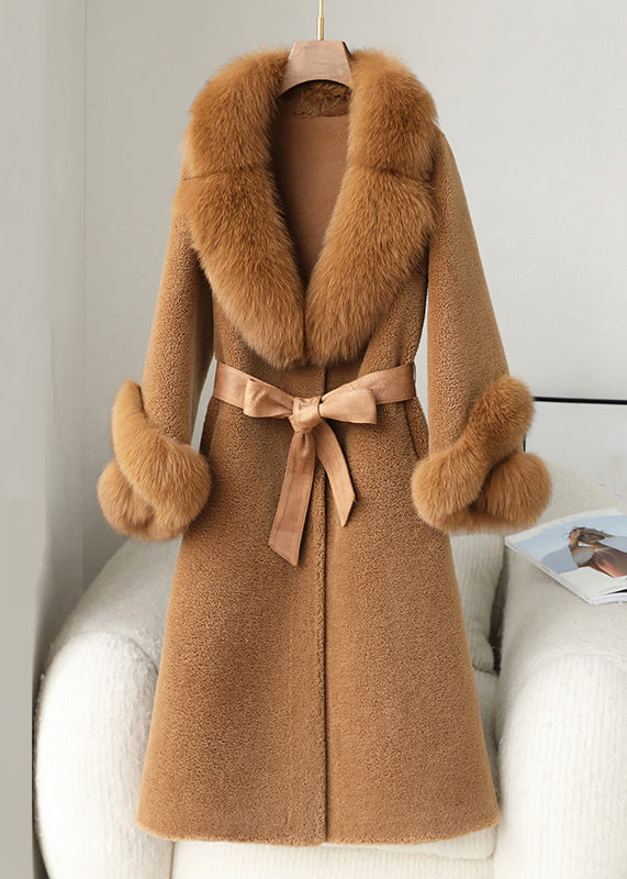 French Coffee Button Pockets Patchwork Fuzzy Fur Coat Winter