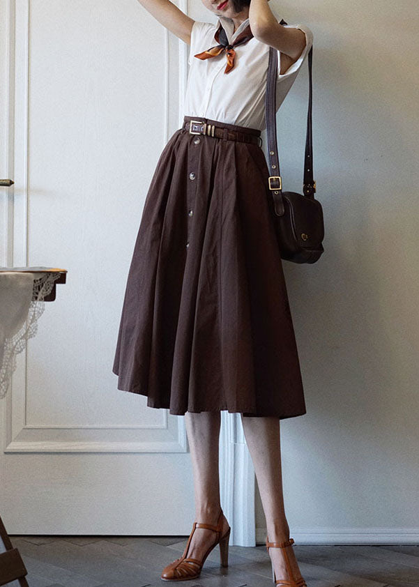 French Chocolate High Waist Single Breasted Cotton A Line Skirts Spring