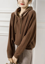 French Coffee Hooded Patchwork Wool Knit Sweaters Fall