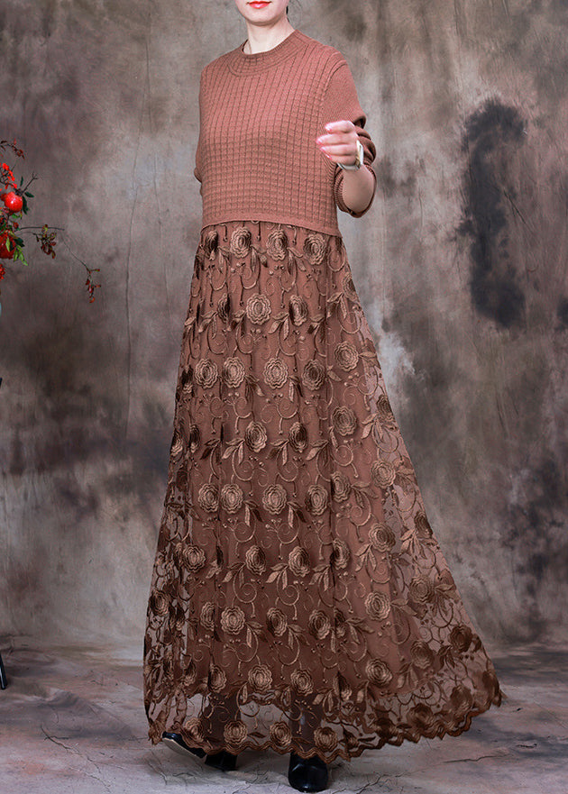 French Chocolate O-Neck Embroideried Lace Patchwork Knit Maxi Dress Long Sleeve