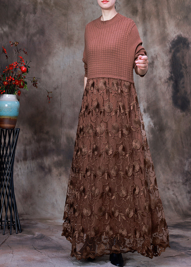 French Chocolate O-Neck Embroideried Lace Patchwork Knit Maxi Dress Long Sleeve