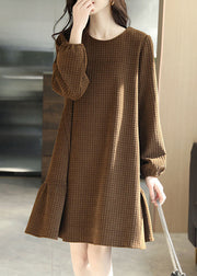 French Chocolate O-Neck Plaid Solid Color Sashes Cotton Holiday Dress Long Sleeve