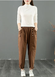 French Coffee Oversized Patchwork Button Cotton Harem Pants Summer