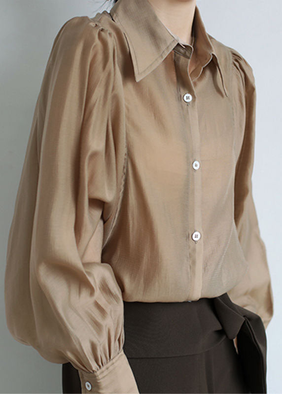 French Coffee Peter Pan Collar Patchwork Silk Shirt Puff Sleeve