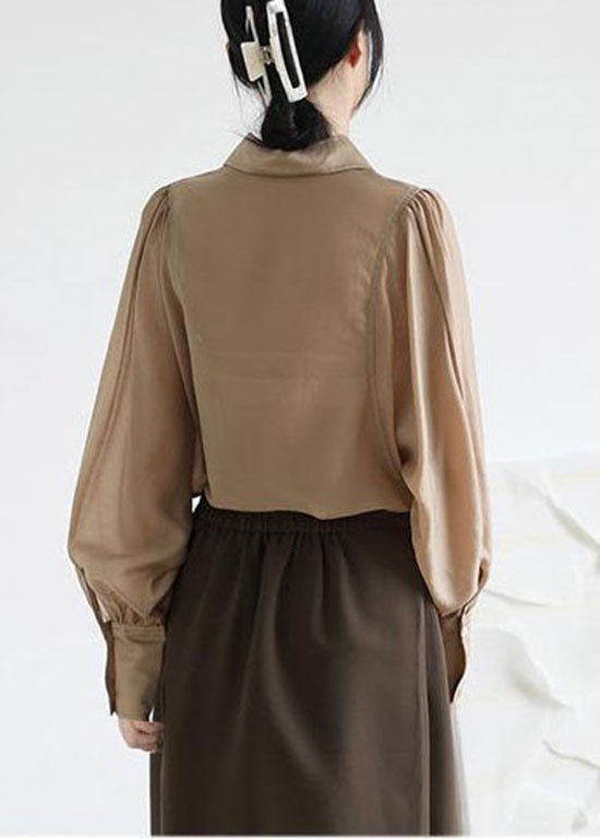 French Coffee Peter Pan Collar Patchwork Silk Shirt Puff Sleeve