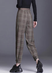 French Coffee Plaid Pockets Cotton Crop Pants Spring