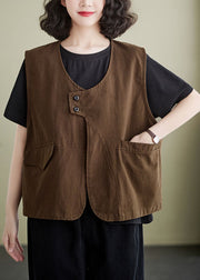 French Coffee Pockets Patchwork Cotton Vest Sleeveless