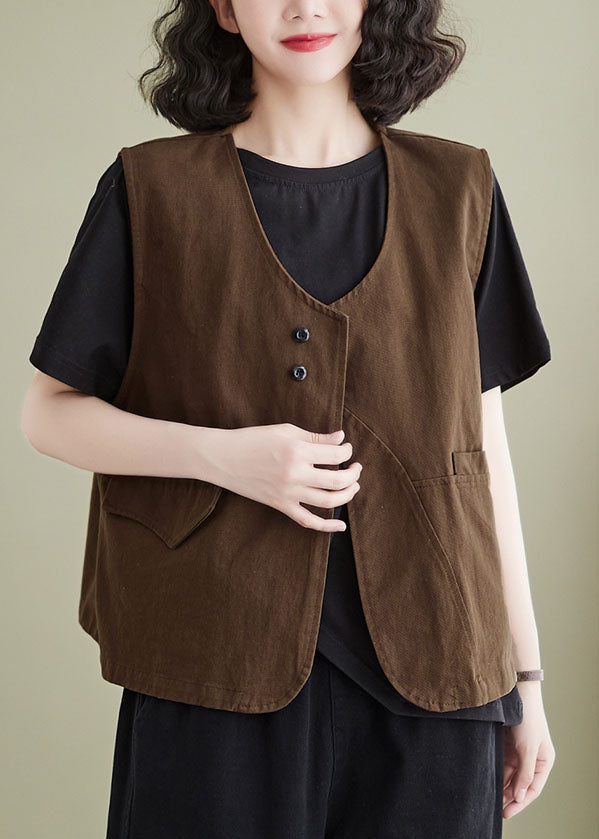 French Coffee Pockets Patchwork Cotton Vest Sleeveless