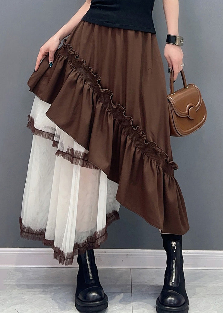 French Coffee Ruffled Pockets Patchwork Tulle Skirt Summer