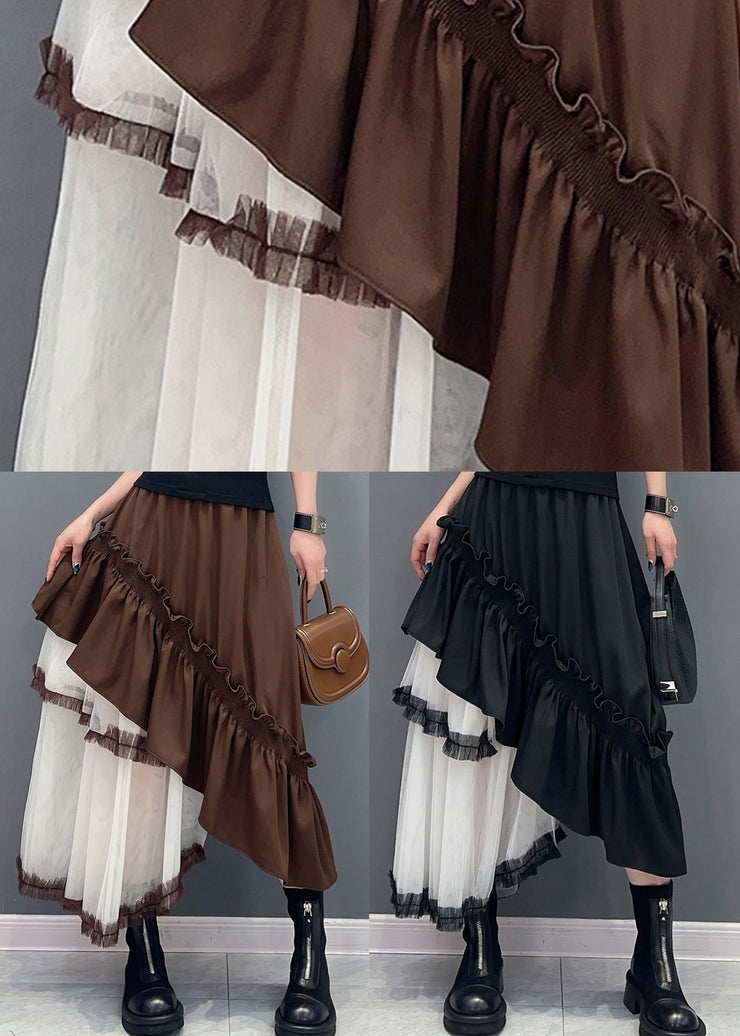 French Coffee Ruffled Pockets Patchwork Tulle Skirt Summer