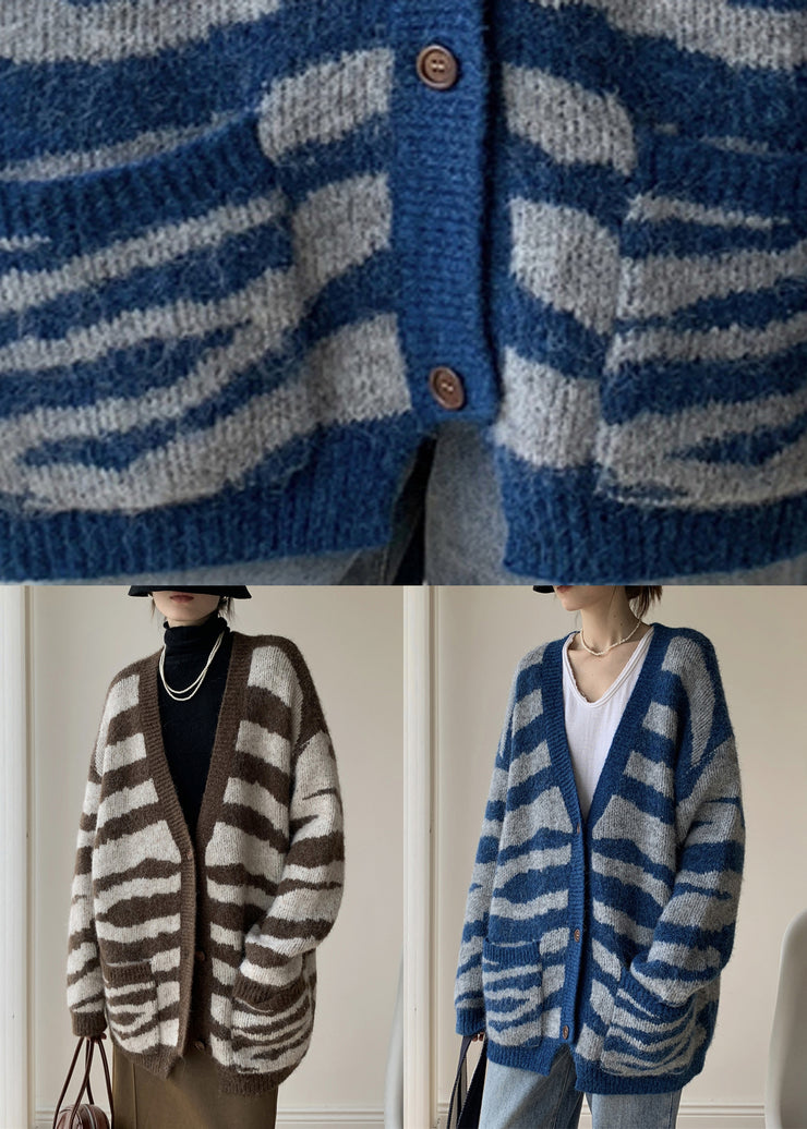 French Coffee Striped V Neck Pockets Knit Cardigans Winter