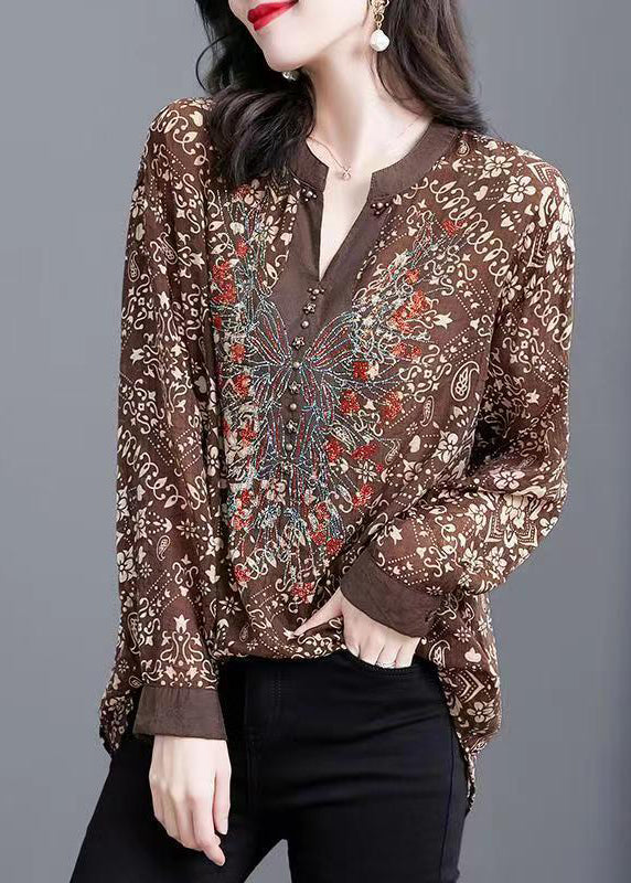 French Coffee V Neck Print Patchwork Chiffon Shirt Top Fall