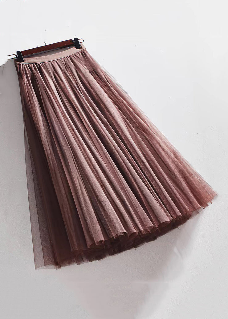 French Coffee Wrinkled Elastic Waist Tulle Skirts Summer