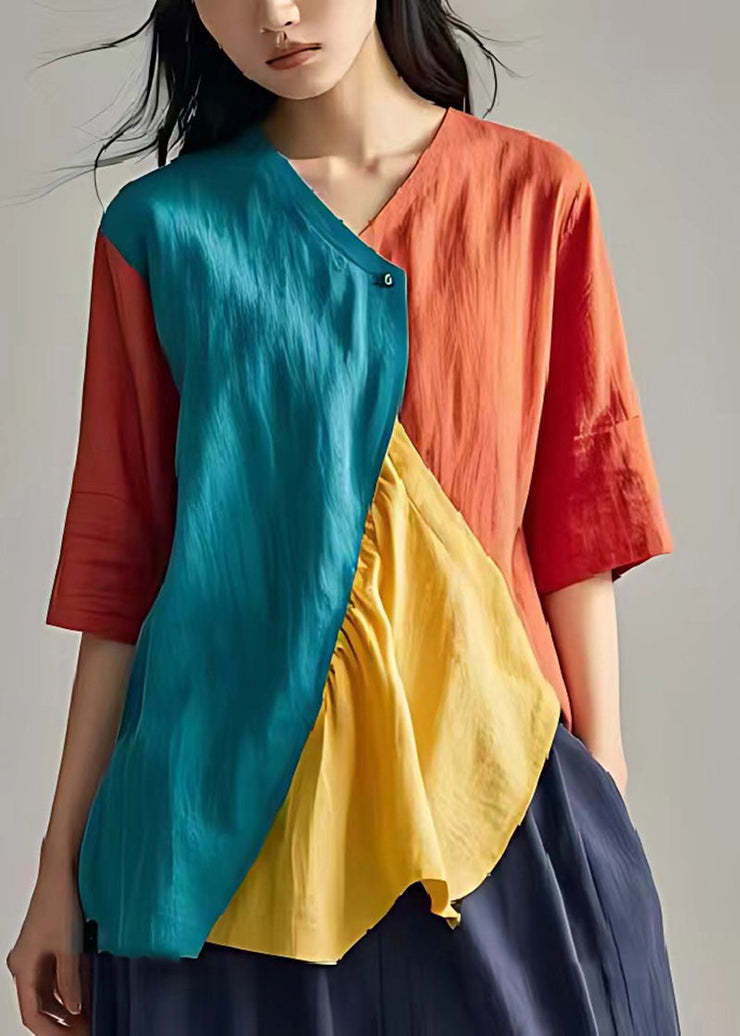 French Colorblock Asymmetrical Patchwork Linen Shirt Top Summer